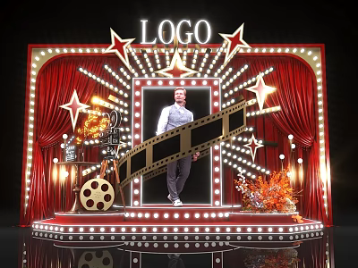 Movie Themed Photo Check In Spot with Red Curtains Stars Film Reel And Spotlights 3d model