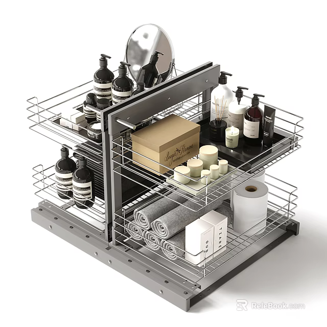 Organized Bathroom Accessories On Multi Tiered Metal Rack With Bottles Candles Towels And Tissue Box 3d model 