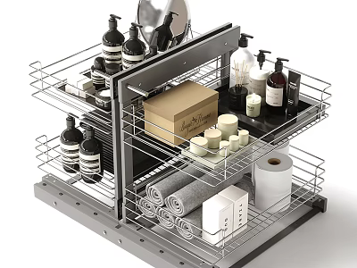 Organized Bathroom Accessories On Multi Tiered Metal Rack With Bottles Candles Towels And Tissue Box 3d model