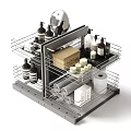 Organized Bathroom Accessories On Multi Tiered Metal Rack With Bottles Candles Towels And Tissue Box