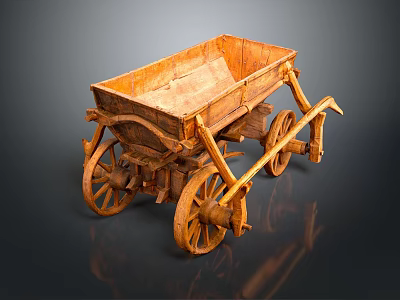 Vintage Wooden Hand Cart With Two Wheels And Traditional Crafted Structure Design 3d model