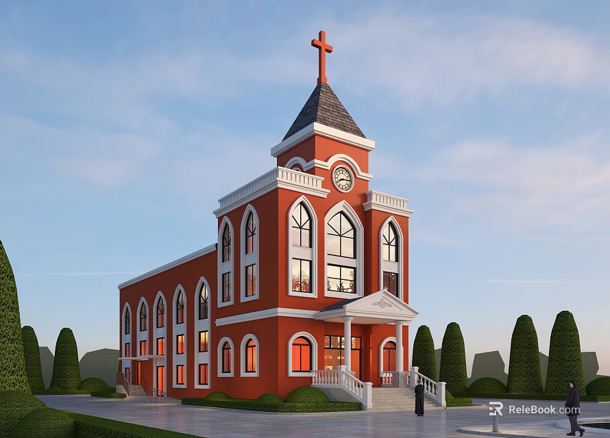 Red Brick Church Building With Steeple Cross And Clock Tower Surrounded By Trimmed Green Trees 3d model 
