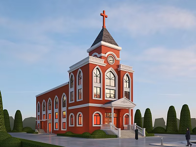 Red Brick Church Building With Steeple Cross And Clock Tower Surrounded By Trimmed Green Trees 3d model