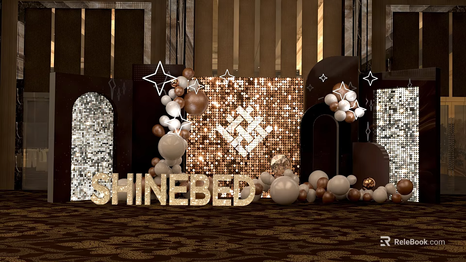 Stylish Photo Spot with Shinebed Gold Letters Sequin Backdrop Balloons Star Decorations Arched Doorways 3d model 