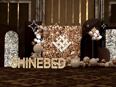 Stylish Photo Spot with Shinebed Gold Letters Sequin Backdrop Balloons Star Decorations Arched Doorways 3d model