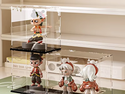 Stylish Decorative Dolls Showcased In Clear Acrylic Display Cases On Shelves 3d model