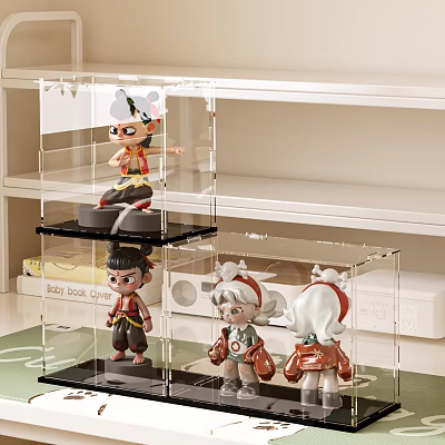 Stylish Decorative Dolls Showcased In Clear Acrylic Display Cases On Shelves 3d model