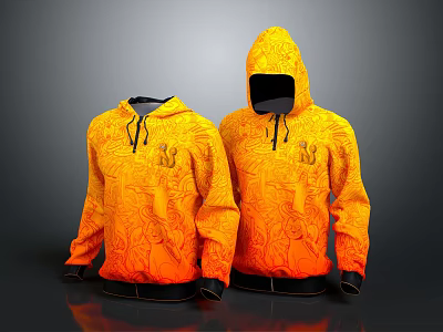 Stylish Orange Patterned Hoodie With Intricate Design And Front Pocket 3d model
