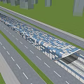 Modern Station Design With Glass Roof Along Road And Green Area Tracks