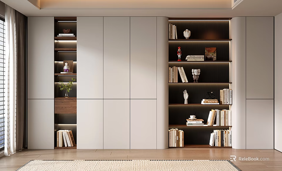 Modern Bookcase Design With Storage Shelves Books Decorative Items And Potted Plant 3d model 