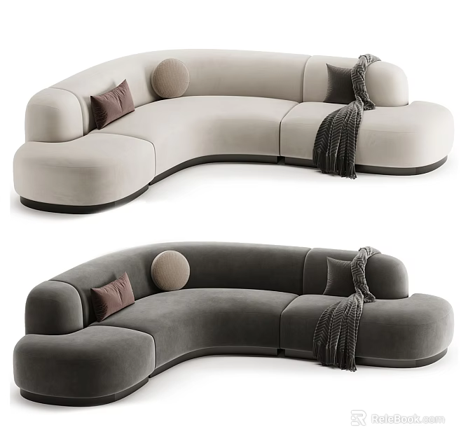 Curved Sectional Sofa in Light Beige Dark Gray with Modern Design Pillows and Throw Blanket 3d model 