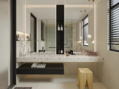 Modern Bathroom Interior Design With Large Mirror Marble Countertop And Wooden Stool 3d model