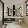 Modern Bathroom Interior Design With Large Mirror Marble Countertop And Wooden Stool