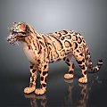 Realistic Spotted Wild Cat with Brown And Black Patterned Fur Standing on Dark Reflective Surface