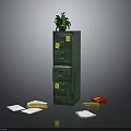 Green File Cabinet With Drawers Yellow Labels Potted Plant On Top And Scattered Papers