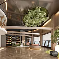 Modern Lobby Interior Design With Hanging Greenery Installation And Round Reception Desk