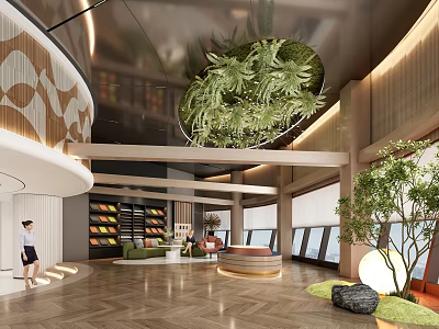 Modern Lobby Interior Design With Hanging Greenery Installation And Round Reception Desk 3d model