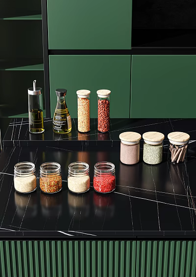 Transparent Glass Spice Jars With White Lids On Black Countertop And Green Kitchen Wall Background 3d model