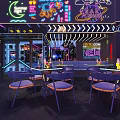 Modern Bar Interior Design With Neon Lights Bar Counter Stools And Bottle Shelves