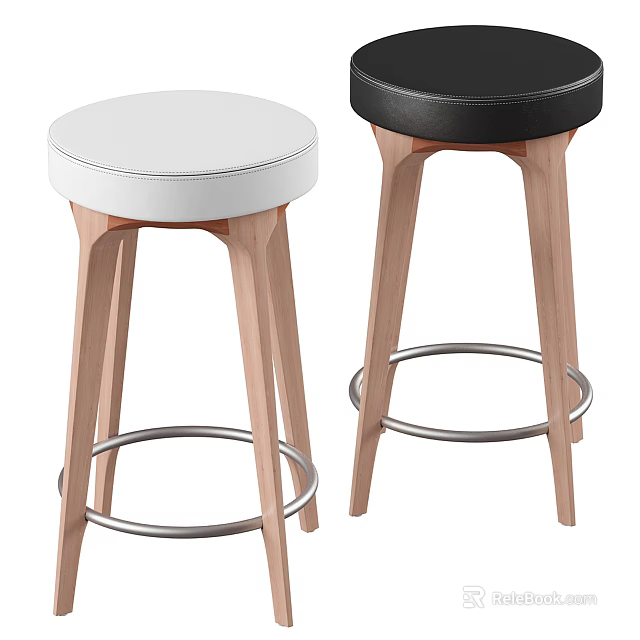 Modern White and Black Bar Stools with Light Wooden Legs and Metal Footrest Rings 3d model 