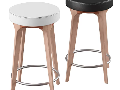 Modern White and Black Bar Stools with Light Wooden Legs and Metal Footrest Rings 3d model