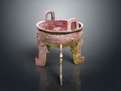 Ancient Style Bronze Furniture With Tripod Legs Double Handles And Intricate Patterns 3d model