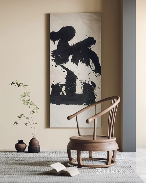 Interior Decor With Abstract Black White Artwork Wooden Chair And Potted Plant 3d model 