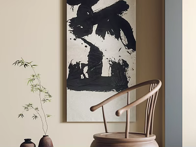 Interior Decor With Abstract Black White Artwork Wooden Chair And Potted Plant 3d model