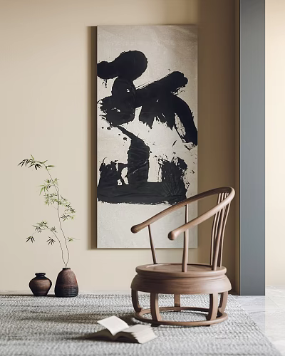 Interior Decor With Abstract Black White Artwork Wooden Chair And Potted Plant 3d model