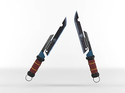 Two Tactical Knives With Blue Black Blades Red Yellow Handles And Rings 3d model Two Tactical Knives With Blue Black Blades Red Yellow Handles And Rings 3d model