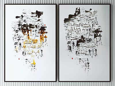 Modern Abstract Wall Art Paintings With Black White And Yellow Ink Patterns 3d model