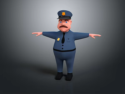Animated Cartoon Police Officer Character in Blue Uniform with Mustache and Arms Outstretched 3d model