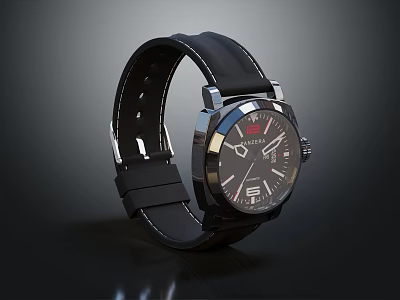 Stylish Black Watch With Leather Strap Glossy Dial And White Markers 3d model