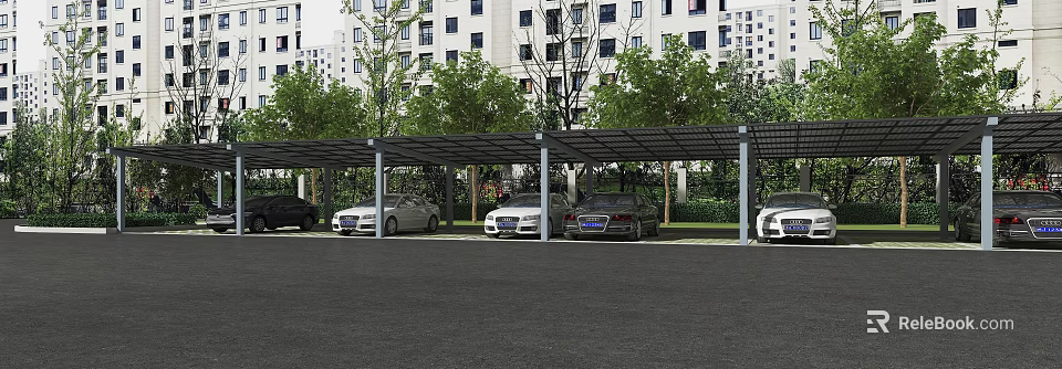 Modern Covered Parking Lot With Multiple Cars Trees And Surrounding Buildings 3d model 