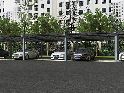 Modern Covered Parking Lot With Multiple Cars Trees And Surrounding Buildings 3d model
