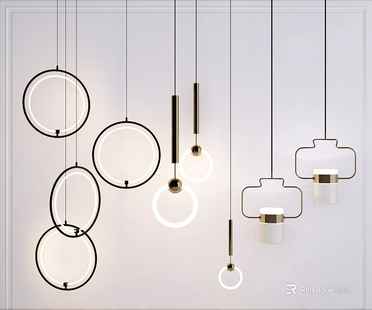 Modern Hanging Pendant Lights With Black Gold Frames White Shades And Various Shapes 3d model 