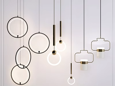 Modern Hanging Pendant Lights With Black Gold Frames White Shades And Various Shapes 3d model