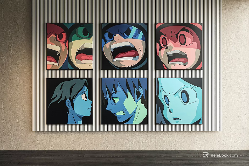 Six Anime Style Portrait Paintings With Expressive Faces Hanging On Wall 3d model 