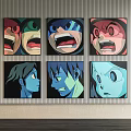 Six Anime Style Portrait Paintings With Expressive Faces Hanging On Wall