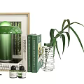 Green Themed Decorative Ornament Set with Mushroom Lamp Vase Plants Books and Frame