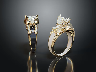 Exquisite Golden Jewelry Rings With Detailed Leopard And Dragon Designs And Metallic Luster 3d model
