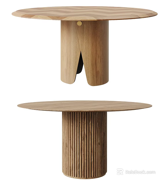 Modern Wooden Dining Table With Round Tabletop And Fluted Cylindrical Base 3d model