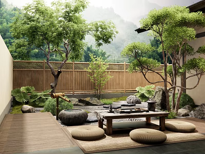Natural Courtyard Garden Design With Wooden Tea Table Round Cushions Stones And Trees 3d model