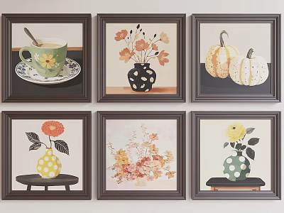 Set of Six Framed Botanical Paintings With Vases Flowers Pumpkins And Teacup 3d model