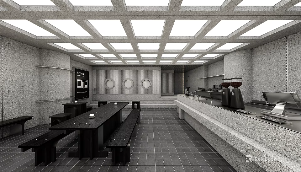 Modern Café Interior With Grid Ceiling Long Table Bench Seats And Bar Counter 3d model