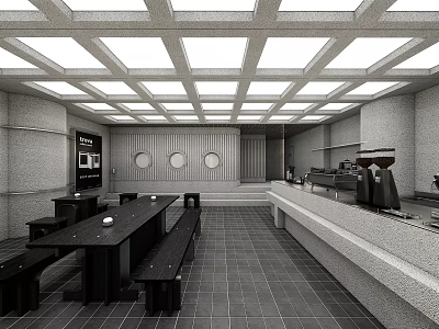 Modern Café Interior With Grid Ceiling Long Table Bench Seats And Bar Counter 3d model