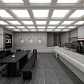 Modern Café Interior With Grid Ceiling Long Table Bench Seats And Bar Counter 3d model