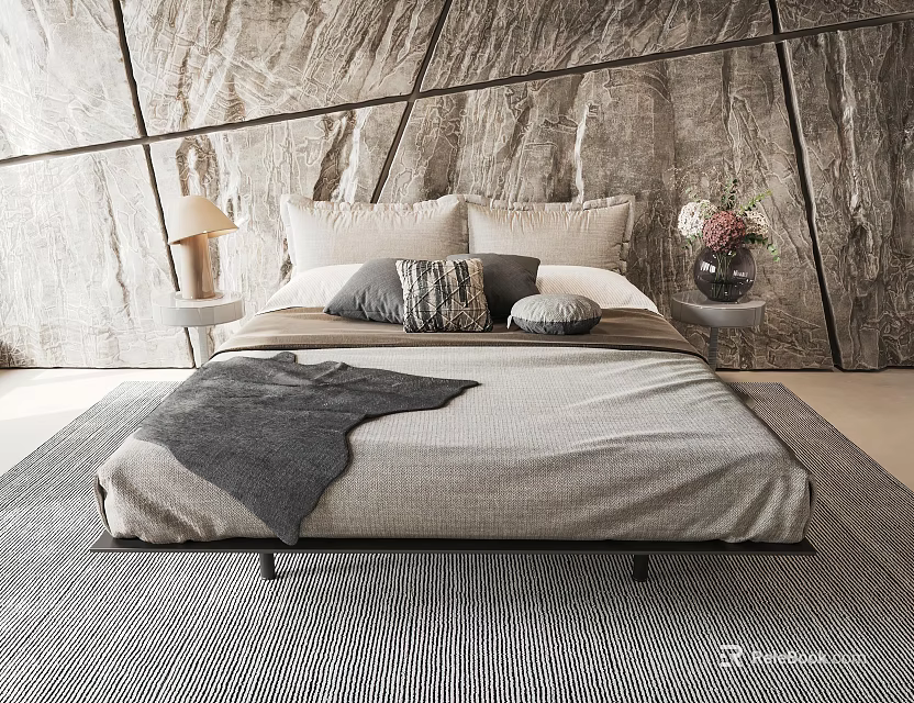 Modern Double Bed Interior With Textured Wall Background Pillows And Bedside Lamp 3d model 