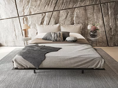 Modern Double Bed Interior With Textured Wall Background Pillows And Bedside Lamp 3d model