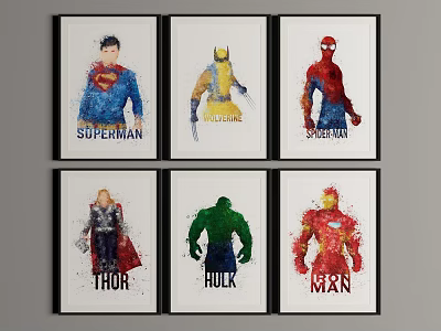 Superhero Character Paintings In Watercolor Style With Black Framed Multiple Characters 3d model